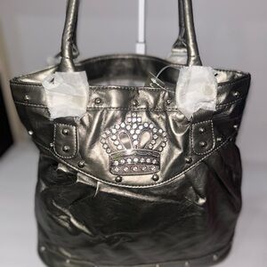 Silver Crown Embellished Silver Metallic Women's Bag